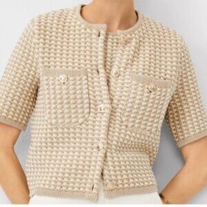 Ann Taylor Shimmer‎ Gold Cream Tweedy Short Sleeve Sweater Jacket Size XL 2024